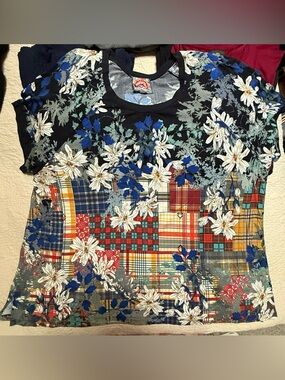 Johnny Was Grey Tee with Blue Floral and Pink Embroidered Patch